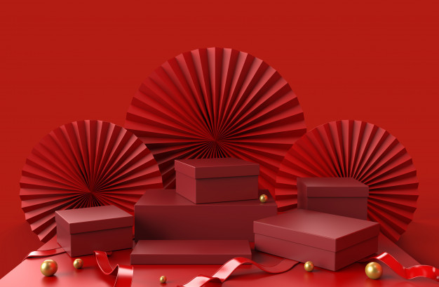 展示豪華產(chǎn)品的包裝的介紹有抽象瓷紙背景和金黃球在地板上,3d的紅色指揮臺禮物盒例證。 優(yōu)質(zhì)照片
